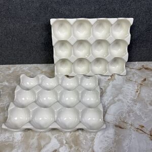White Ceramic Dozen Egg Storage Holder Lot Of 2 Mismatched